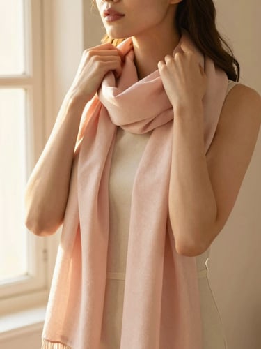 Medium shot of a woman adjusting a soft-draping pastel pink scarf, warm golden hour window light, soft elegant posture