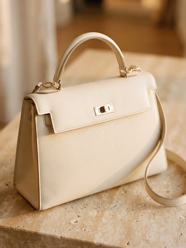 Softly lit close-up of a structured cream leather handbag resting on a sand-colored stone surface, warm diffused golden hour window light, elegant minimalist framing, 35mm