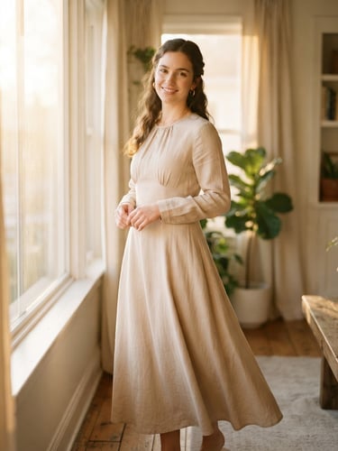 Softly lit portrait of a woman wearing an elegant, flowing sand-colored modest dress, warm golden hour window light, 35mm photography