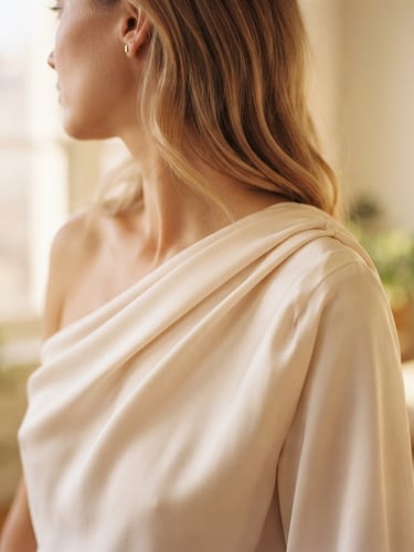 Warm editorial photography, soft golden hour window light, cream and blush tones, shallow depth of field, 35mm. A close-up of soft-draping silk fabric on a model's shoulder, elegant modest styling.