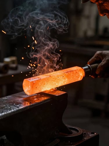 Dramatic portrait shot of a master bladesmith in a dark workshop inspecting a glowing orange steel billet, high-contrast low-key lighting, smoke and sparks in the background, 50mm lens.