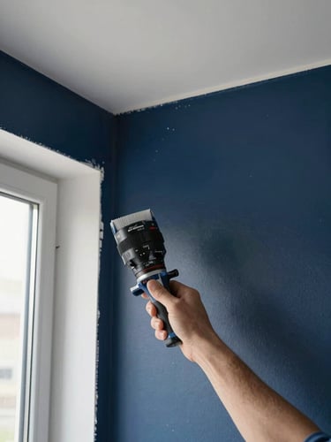 Close-up of a painter cutting in crisp paint lines at an interior wall-ceiling junction, natural window light from the left, sharp masking tape edge visible, clean white ceiling against a deep navy wall