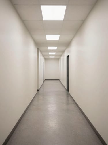 Wide-angle shot of a freshly painted commercial lobby corridor, straight-on framing showing even wall color and crisp baseboard lines, bright overhead fluorescent daylight showing true finish quality, no people present