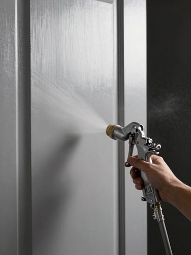 Close-up of an airless spray gun applying even coverage to a flat door panel surface, overcast natural light showing uniform sheen without brush marks, spray mist visible mid-air against a dark background