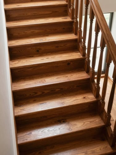 Angled overhead shot of a freshly stained wooden staircase, even warm-toned stain on each tread and riser, sharp spindle lines casting subtle shadows under bright window daylight, no people present