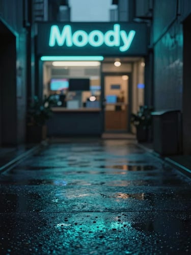 Moody Vancouver alley at dusk, neon cyan glow from a gaming cafe sign in the background, close-up of rainy pavement, shallow depth of field, 35mm, portrait aspect.