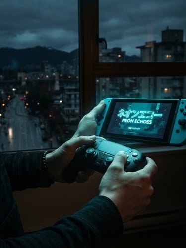 Close-up of hands on a gaming controller, neon cyan light reflecting on the screen showing an indie game title, moody Vancouver streetscape visible through a window in the background, shallow depth of field, 35mm.