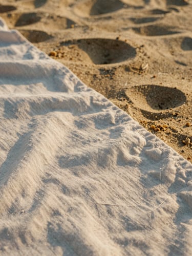 Close-up of premium linen texture under warm golden-hour coastal light, soft shadows, 35mm film editorial feel.