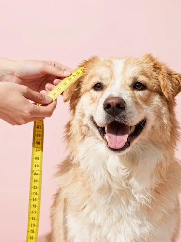 Bright editorial photography, warm natural daylight, a person gently measuring a happy dog with a soft yellow measuring tape on a soft pastel background, eye-level pet portrait, 35mm