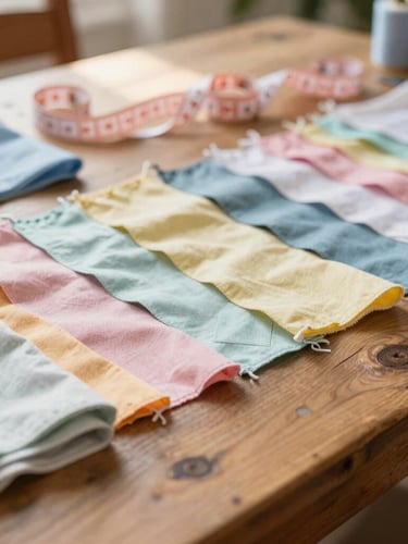 Nostalgic close-up of colorful fabric scraps, sewing patterns, and a soft measuring tape on a rustic wooden table in a warm family workshop, soft natural morning light, shallow depth of field, 35mm