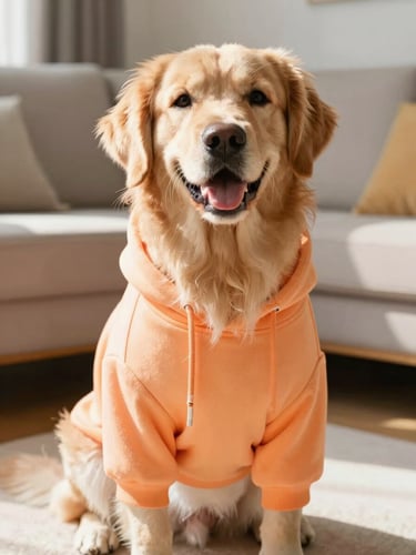 Bright editorial portrait of a happy Golden Retriever wearing a custom-tailored orange hoodie, sitting in a sunny living room, warm natural daylight, eye-level, 35mm