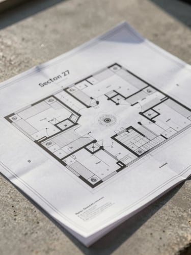 A close-up architectural layout blueprint of Sector 27 plot divisions resting on a concrete surface under bright morning sunlight.