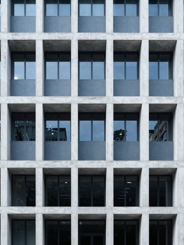Architectural detail of a modern civic building with clean concrete grids and cool diffused daylight, symmetrical framing, 35mm lens