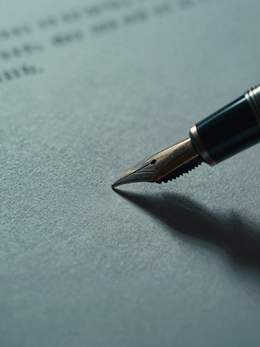 Extreme close-up of heavy textured legal paper, fountain pen ink drying on document, dramatic side lighting, deep teal shadows, professional architectural studio macro photography, 35mm