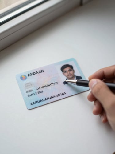 Close-up overhead view of an Aadhaar card and PAN card laid side by side on a plain white surface, a hand holding a pen pointing to the photo ID, natural north-facing window light, sharp document detail visible, no shadows obscuring text areas