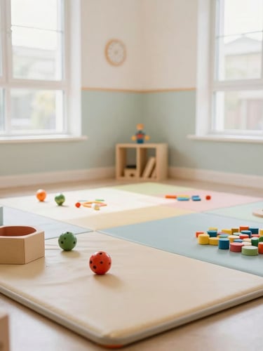 Wide shot of a brightly lit, clean and organized children's play area with soft mats and educational toys, natural light pouring through windows, warm editorial photography, soft pastel tones