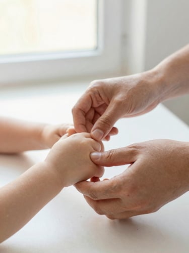Close-up of a caregiver's hands gently guiding a child's hands during a creative activity, warm editorial photography, bright natural window light, soft pastel tones, shallow depth of field, authentic moment.