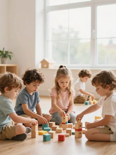 Wide shot of a clean, bright child care learning space, soft natural light, children engaged in educational play with wooden blocks, warm editorial photography, shallow depth of field, authentic moments.