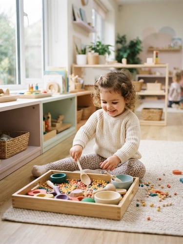 Wide shot of a bright, clean, and organized learning space with natural daylight, a happy toddler engaged in tactile educational play, soft pastel tones, shallow depth of field, authentic moment.