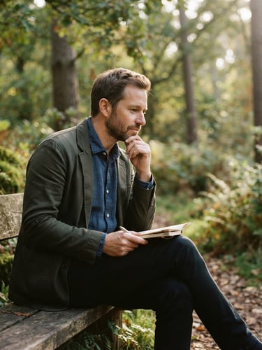 A warm, sunlit environmental photo of a man in quiet reflection outdoors, soft diffused natural light, muted blues and earthy greens, 35mm.