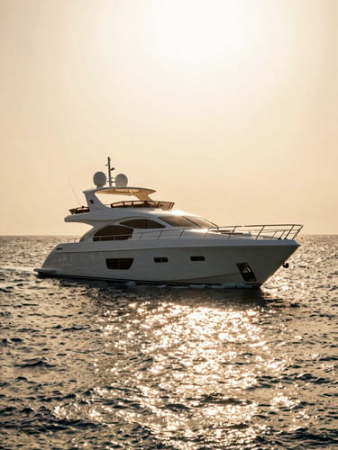 Bright editorial photography of a modern luxury yacht on the Red Sea near El Gouna, golden-hour sunlight sparkling on the water, wide shot.