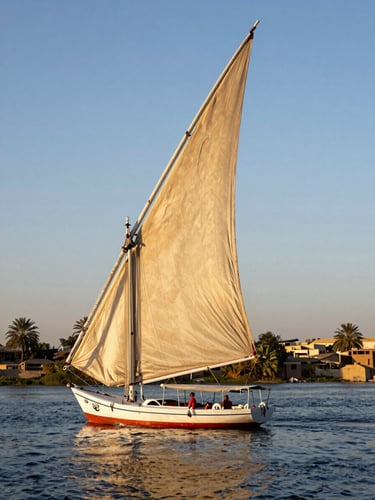 Bright editorial travel photography of a classic sailboat felucca on the Nile River in Aswan during golden hour, warm sunlight, high contrast