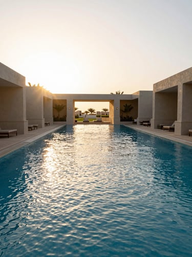 Wide shot of a modern premium resort pool in Hurghada, bright golden-hour sunlight reflecting on the water, clean architectural lines