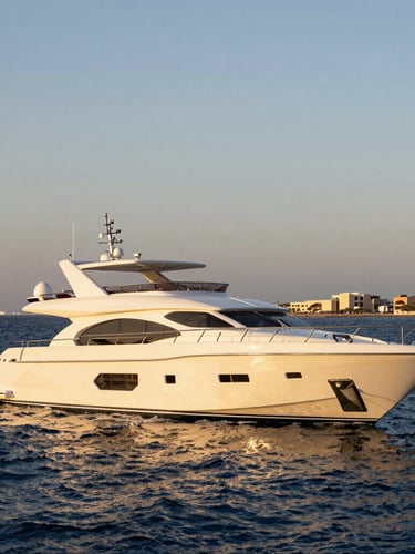 Bright editorial travel photography of a modern luxury yacht on the Red Sea in Sharm El Sheikh, warm golden-hour sunlight, rich natural colors, high contrast.