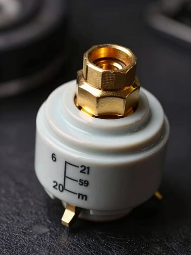 A precision gold-plated connector on a heavy-duty ceramic lamp base, technical dimensions printed on the component, high-contrast industrial lighting.