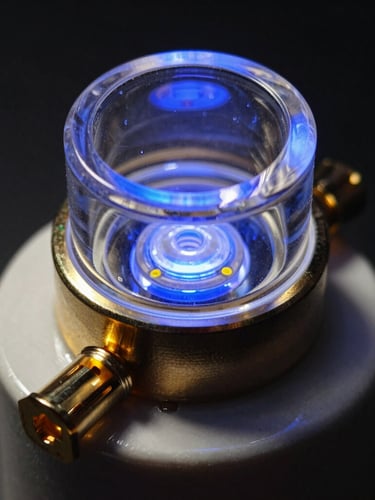 Macro close-up of a quartz glass UV lamp envelope, precise gold-plated connector on a heavy-duty ceramic base, high-contrast industrial lighting with deep shadows and a sharp UV-blue edge glow.