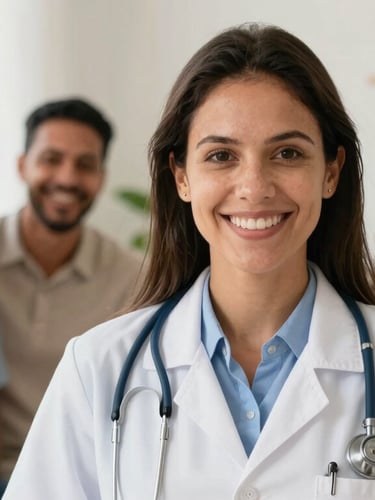A friendly Brazilian doctor wearing a stethoscope, smiling directly at the camera, warm natural hospital lighting, welcoming and trustworthy atmosphere.