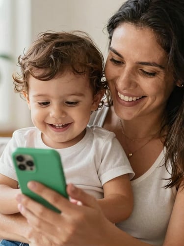 A close-up of a happy Brazilian mother holding her smiling toddler, looking at a smartphone screen with a green chat window visible, warm natural sunlight, authentic home setting.