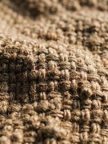 Tight macro shot of heavy raw linen fabric weave under low-angle natural window light, deep shadows casting into the textured grain, warm clay tones, 35mm lens