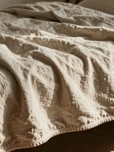 A heavy-gauge organic cotton blanket with hand-finished edges draped over a wooden bench, showing rich tactile texture and heavy weight, natural window light casting deep shadows, warm editorial photography