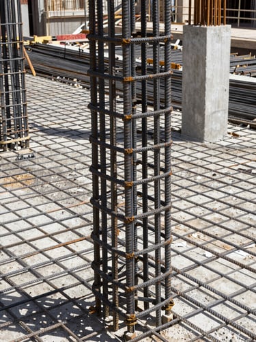 Close-up of steel reinforcement rebar mesh on a Colombian construction site, bright natural daylight, concrete columns being prepared, highly realistic, sharp focus, 35mm
