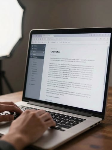 Medium shot of a laptop screen displaying a query letter draft with tracked edits and comments visible, soft studio strobe light from the left, author's hands resting on keyboard out of focus in foreground