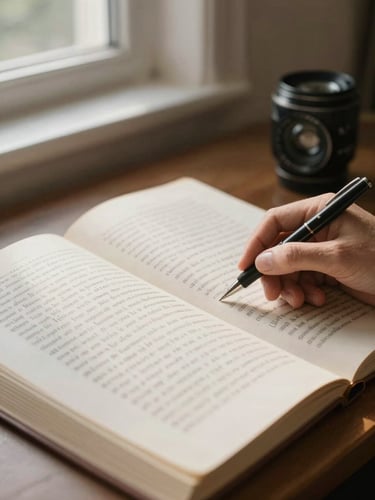 Close-up of a manuscript on a desk under north-facing window light, an author's hand resting beside annotated pages, pen visible, natural soft-shadow detail on the paper texture