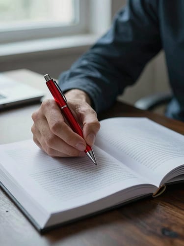 Close-up medium shot of an author's hands resting on an open manuscript at a dark wood desk, a red-ink editorial pen mid-mark on the page, north-facing window light casting a cool diffused glow across the paper surface, no face visible, serious and workmanlike