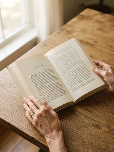 Minimalist editorial photography, hands holding an open physical book showing elegant serif typography on a warm wooden table, soft natural window light, warm cream tones