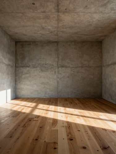Symmetrical straight-on architectural photograph of a minimalist concrete room, harsh dramatic sunlight casting sharp geometric shadows on a warm oak floor, wide-angle lens