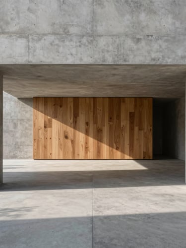 Symmetrical architectural photography of a minimalist concrete and warm oak living space, harsh dramatic morning shadows cutting across the floor, wide-angle lens