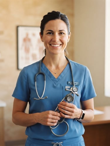Bright professional clinical photography of a friendly doctor in clean blue scrubs holding a stethoscope, soft natural daylight, warm sand tones, 35mm lens.