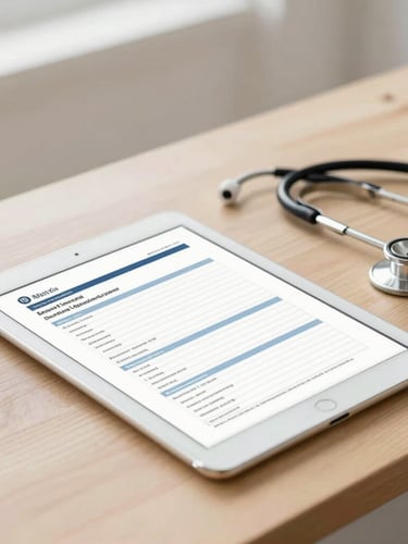 A clean modern tablet displaying a clinical medical report PDF next to a stethoscope on a warm sand wood counter, bright soft natural daylight, professional editorial 35mm photography