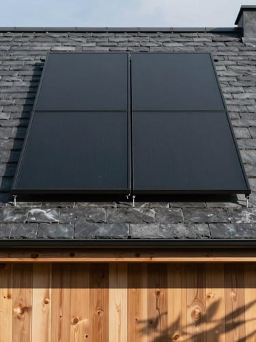 Straight-on architectural photography of a minimalist modern home with matte-black solar panels integrated seamlessly into a dark slate roof, sharp natural sunlight, deep geometric shadows, 35mm lens