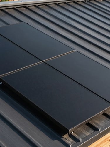 Close-up architectural photograph of matte-black solar panels integrated into a modern dark metal roof, sharp natural sunlight casting deep geometric shadows, 35mm lens.