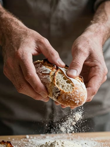Vue rapprochée des mains d'un boulanger français façonnant une miche de pain de campagne, farine en suspension, lumière naturelle du matin.