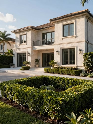 Wide environmental shot of a well-maintained Naples luxury residence exterior, late-morning north-facing light, trimmed hedges and clean stone facade in the foreground, quiet street visible to the left, no people present