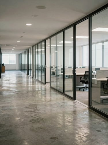 Wide interior corridor of a clean commercial property, polished concrete floor reflecting soft overhead light, glass-fronted office suites visible along the right wall, no people, ordered and well-maintained
