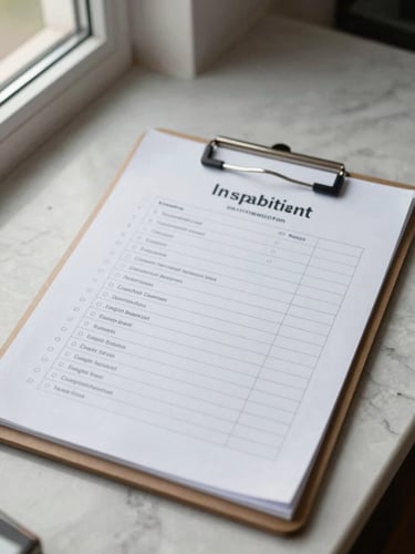 Close-up of an organized property inspection checklist on a clipboard resting on a marble countertop, natural window light from the left, quality stone surface in focus, no people