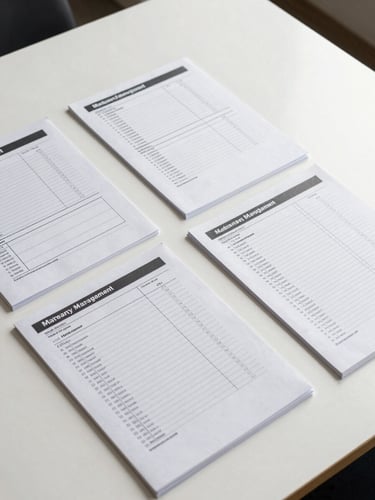 Close overhead shot of organized property management documents and maintenance logs spread on a clean white desk under soft studio strobe light, papers precisely arranged, no people visible